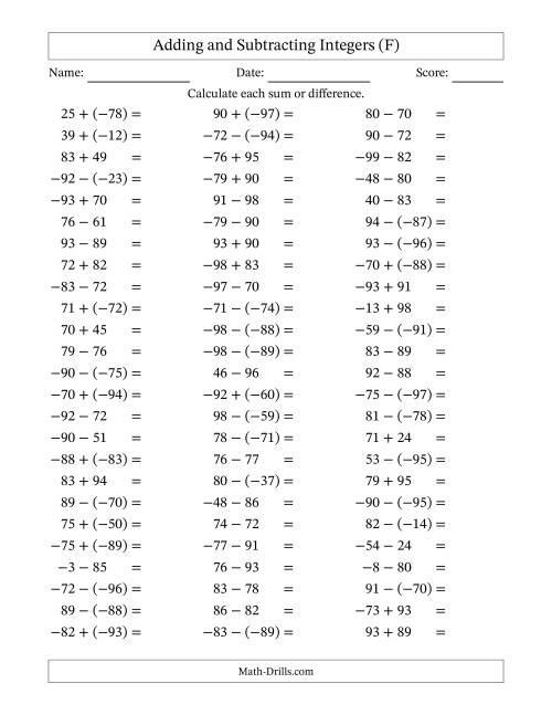 The Integer Addition and Subtraction (Range -99 to 99) (F) Math Worksheet