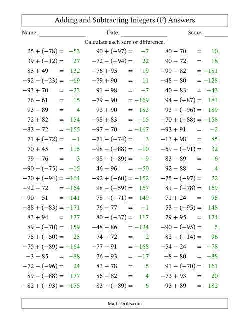 The Adding and Subtracting Mixed Integers from -99 to 99 (75 Questions) (F) Math Worksheet Page 2