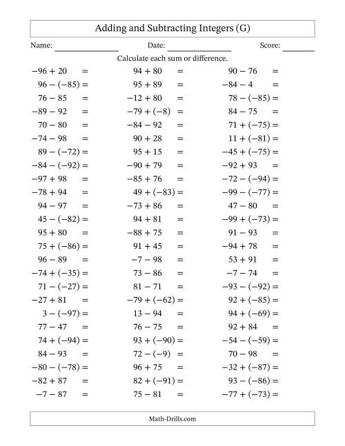 The Adding and Subtracting Mixed Integers from -99 to 99 (75 Questions) (G) Math Worksheet