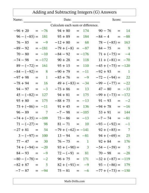 The Integer Addition and Subtraction (Range -99 to 99) (G) Math Worksheet Page 2