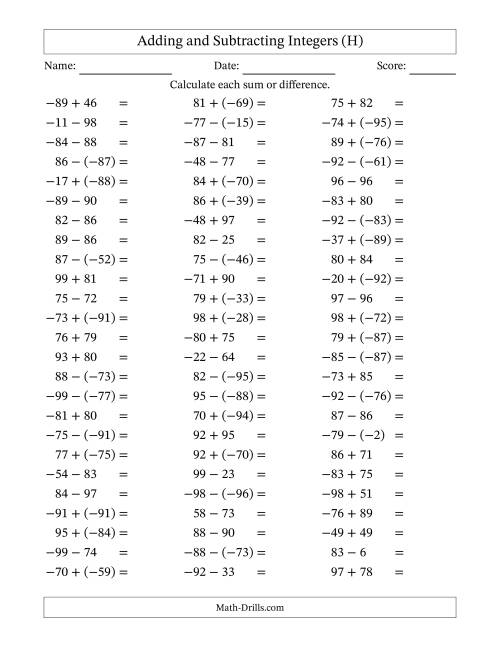 The Adding and Subtracting Mixed Integers from -99 to 99 (75 Questions) (H) Math Worksheet