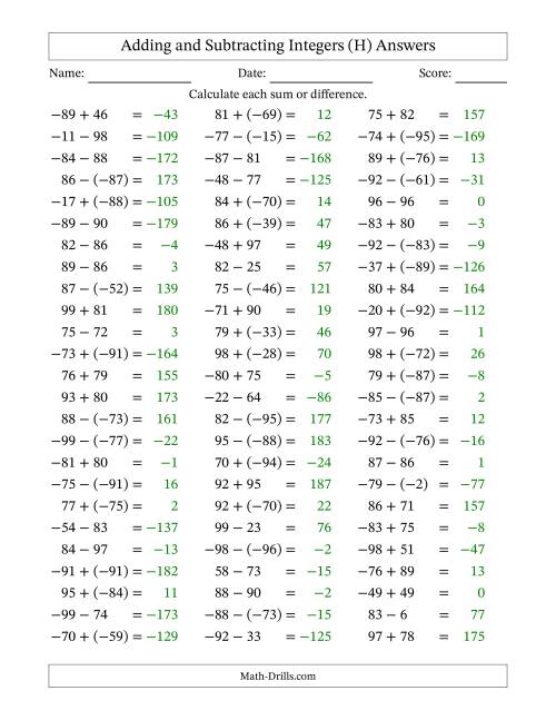 The Adding and Subtracting Mixed Integers from -99 to 99 (75 Questions) (H) Math Worksheet Page 2