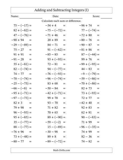The Adding and Subtracting Mixed Integers from -99 to 99 (75 Questions) (I) Math Worksheet
