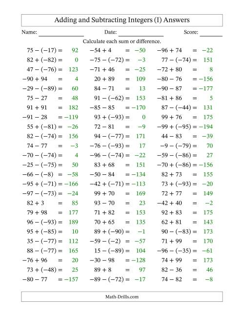 The Integer Addition and Subtraction (Range -99 to 99) (I) Math Worksheet Page 2