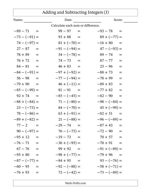 The Adding and Subtracting Mixed Integers from -99 to 99 (75 Questions) (J) Math Worksheet