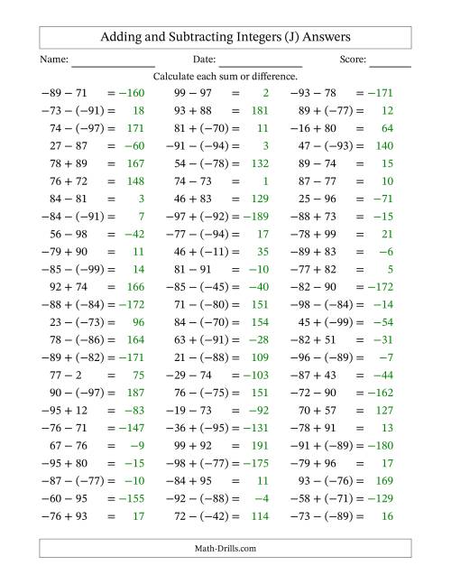 The Adding and Subtracting Mixed Integers from -99 to 99 (75 Questions) (J) Math Worksheet Page 2