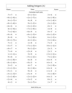 Adding Mixed Integers from -9 to 9 (75 Questions)
