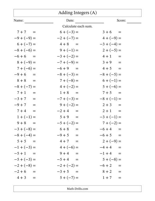 The Adding Integers from (-9) to 9 (Negative Numbers in Parentheses) (A) Math Worksheet