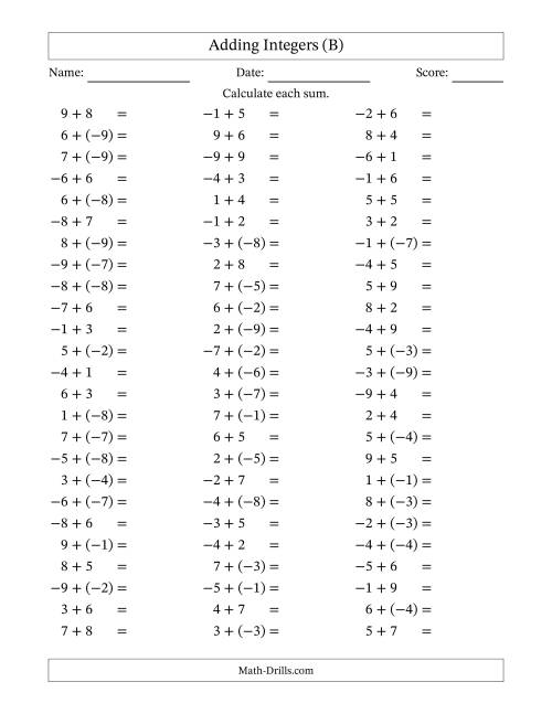 The Adding Mixed Integers from -9 to 9 (75 Questions) (B) Math Worksheet