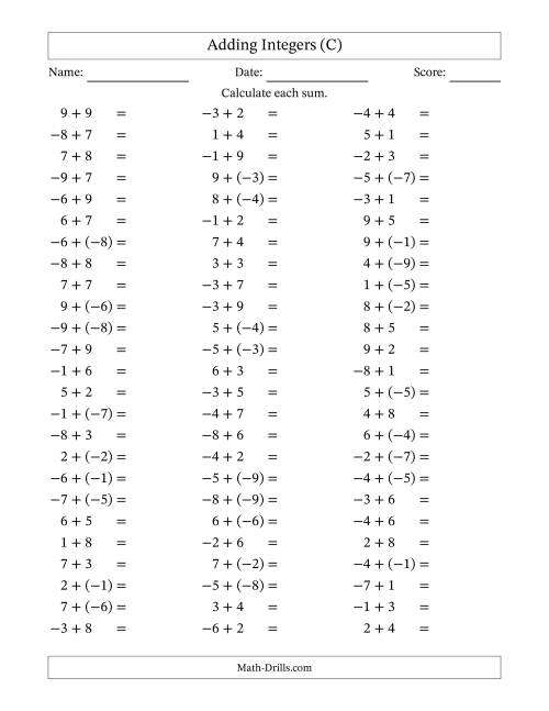 The Adding Mixed Integers from -9 to 9 (75 Questions) (C) Math Worksheet