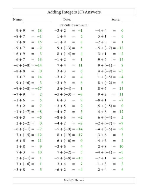 The Adding Mixed Integers from -9 to 9 (75 Questions) (C) Math Worksheet Page 2