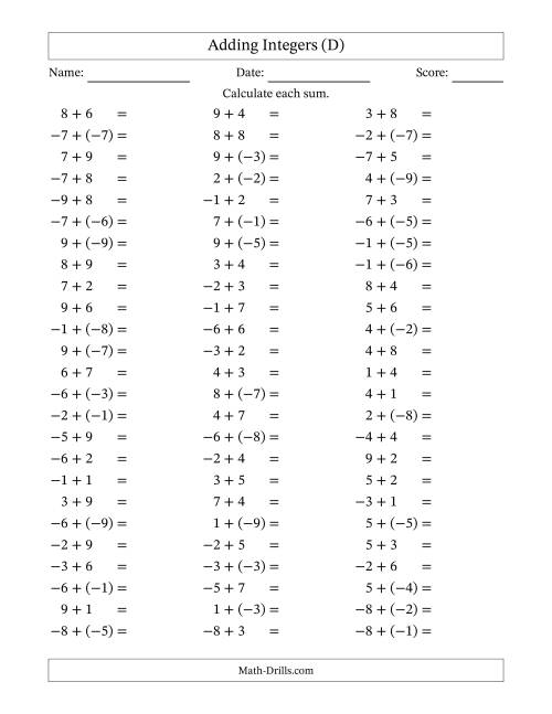 The Adding Mixed Integers from -9 to 9 (75 Questions) (D) Math Worksheet