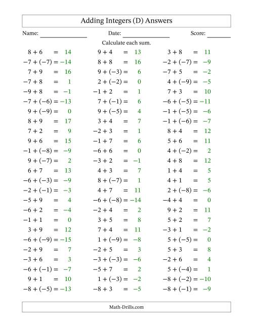 The Adding Mixed Integers from -9 to 9 (75 Questions) (D) Math Worksheet Page 2