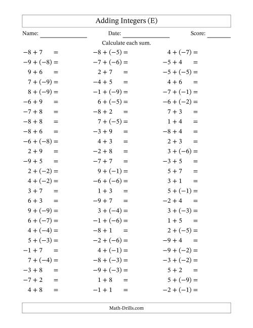 The Adding Mixed Integers from -9 to 9 (75 Questions) (E) Math Worksheet