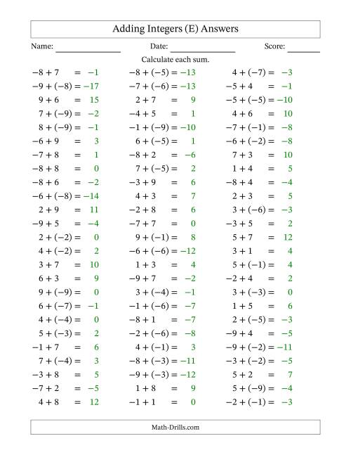 The Adding Mixed Integers from -9 to 9 (75 Questions) (E) Math Worksheet Page 2