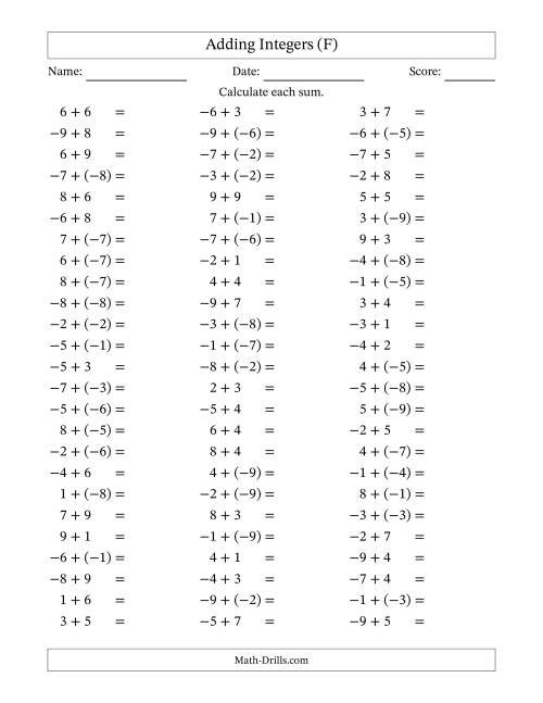 The Adding Mixed Integers from -9 to 9 (75 Questions) (F) Math Worksheet