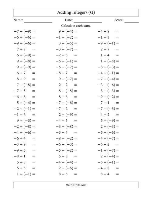 The Adding Mixed Integers from -9 to 9 (75 Questions) (G) Math Worksheet
