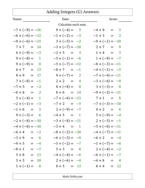 The Adding Mixed Integers from -9 to 9 (75 Questions) (G) Math Worksheet Page 2