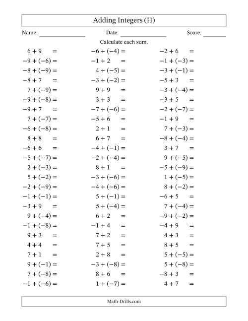 The Adding Mixed Integers from -9 to 9 (75 Questions) (H) Math Worksheet