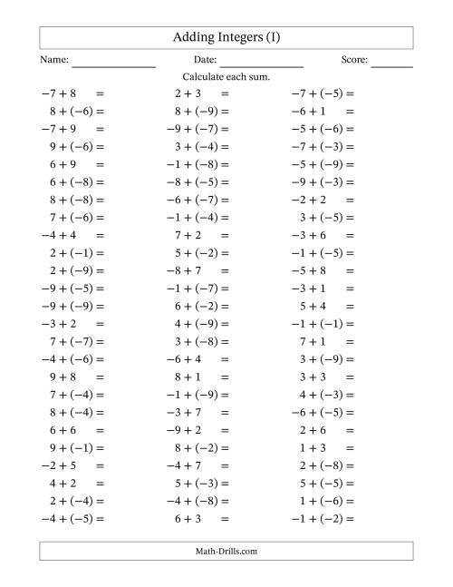 The Adding Mixed Integers from -9 to 9 (75 Questions) (I) Math Worksheet