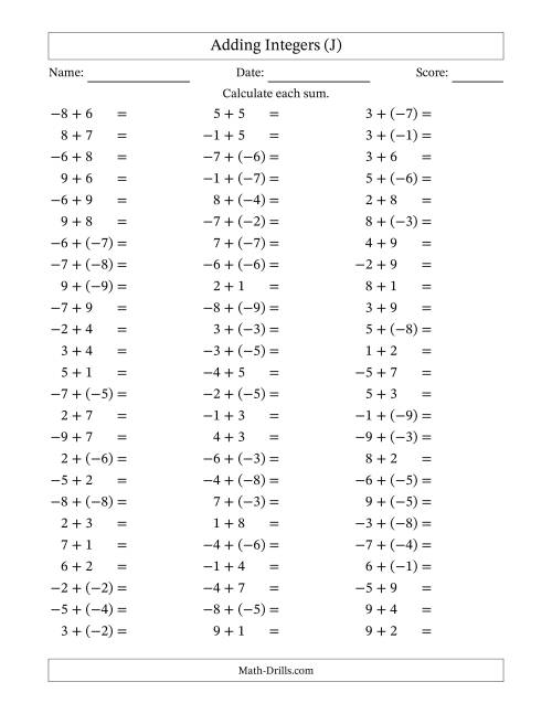 The Adding Mixed Integers from -9 to 9 (75 Questions) (J) Math Worksheet