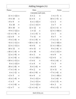 Adding Mixed Integers from -12 to 12 (75 Questions)