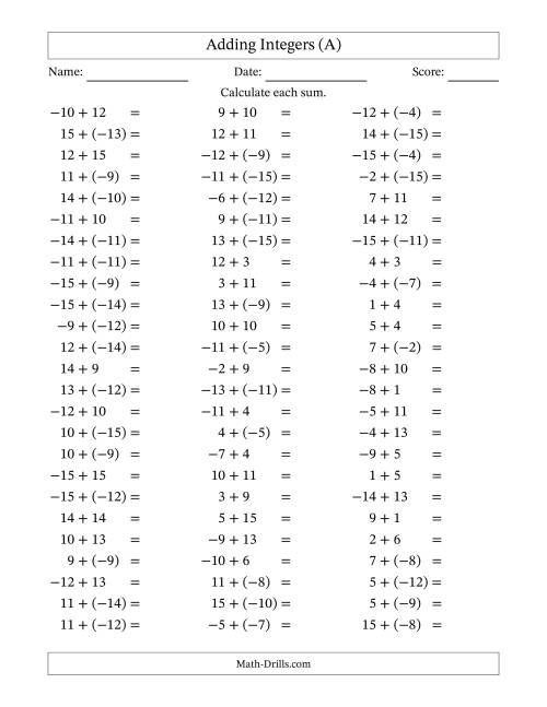 The Adding Integers from (-15) to 15 (Negative Numbers in Parentheses) (A) Math Worksheet