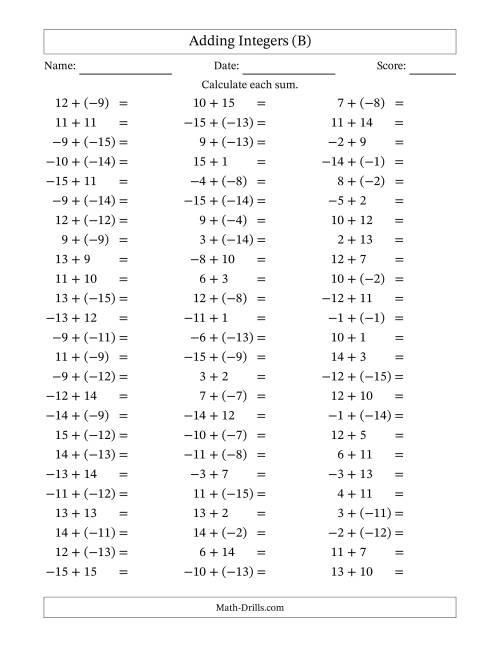 The Adding Mixed Integers from -15 to 15 (75 Questions) (B) Math Worksheet