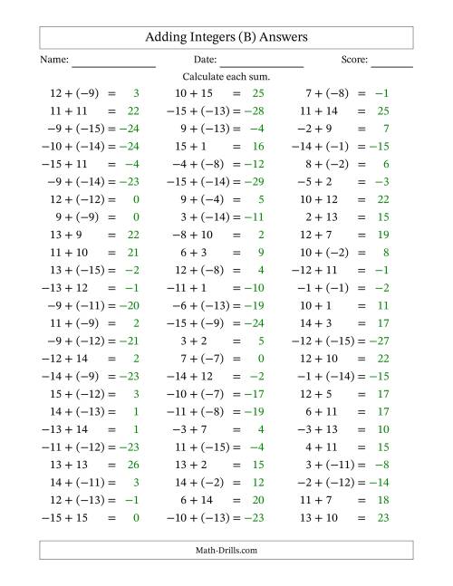 The Adding Mixed Integers from -15 to 15 (75 Questions) (B) Math Worksheet Page 2