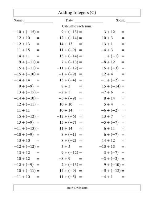 The Adding Mixed Integers from -15 to 15 (75 Questions) (C) Math Worksheet