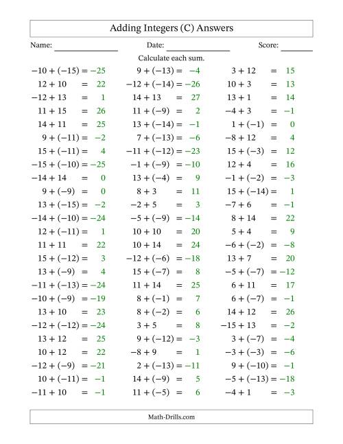 The Adding Mixed Integers from -15 to 15 (75 Questions) (C) Math Worksheet Page 2