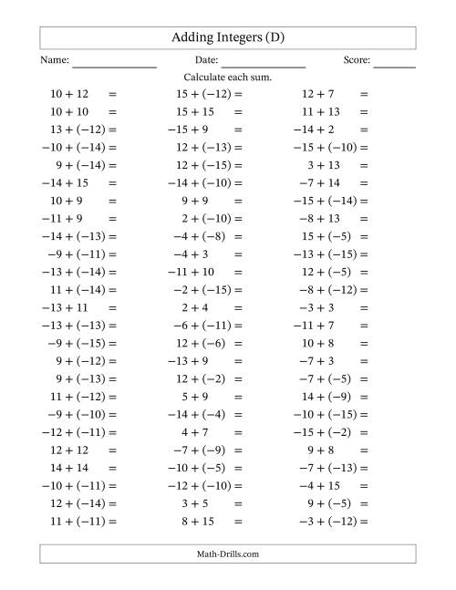 The Adding Mixed Integers from -15 to 15 (75 Questions) (D) Math Worksheet