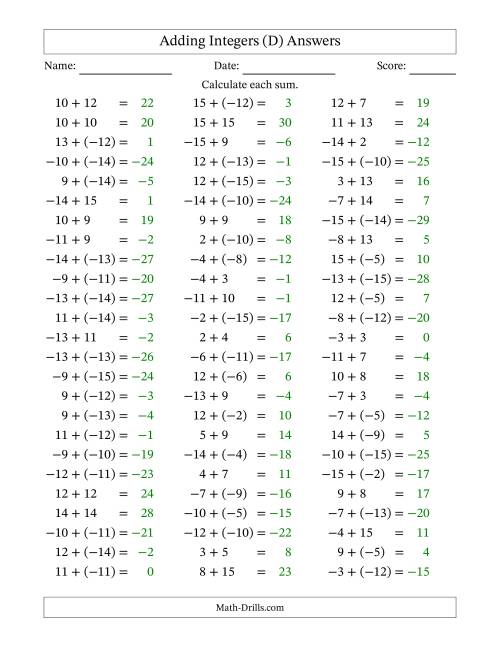 The Adding Mixed Integers from -15 to 15 (75 Questions) (D) Math Worksheet Page 2