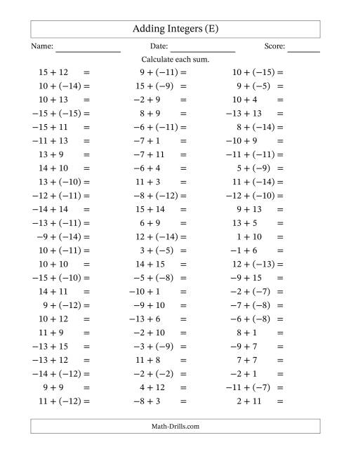 The Adding Mixed Integers from -15 to 15 (75 Questions) (E) Math Worksheet