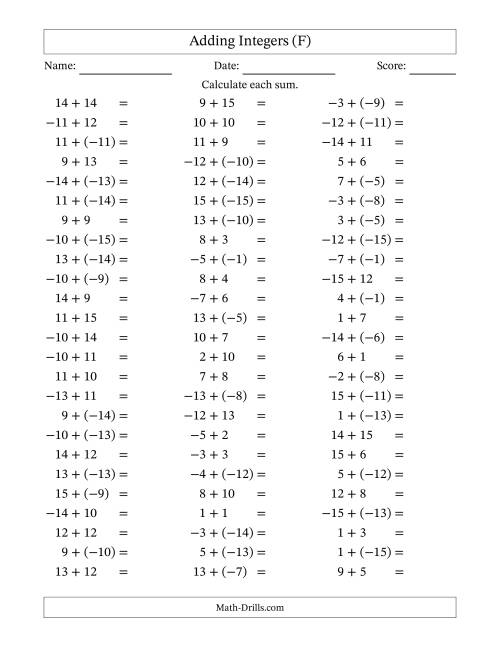 The Adding Mixed Integers from -15 to 15 (75 Questions) (F) Math Worksheet