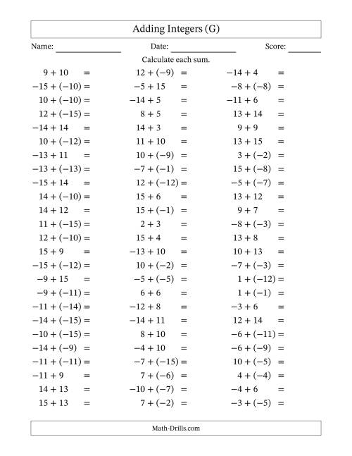 The Adding Mixed Integers from -15 to 15 (75 Questions) (G) Math Worksheet