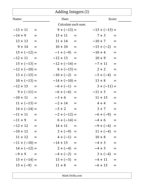 The Adding Mixed Integers from -15 to 15 (75 Questions) (I) Math Worksheet