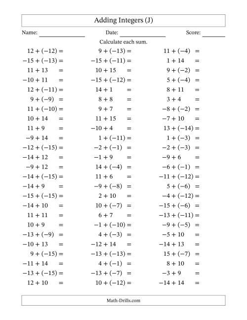 The Adding Mixed Integers from -15 to 15 (75 Questions) (J) Math Worksheet