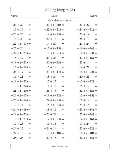 The Adding Integers from (-25) to 25 (Negative Numbers in Parentheses) (A) Math Worksheet