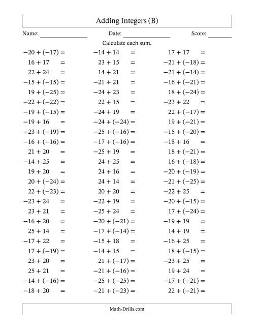 The Adding Integers from (-25) to 25 (Negative Numbers in Parentheses) (B) Math Worksheet