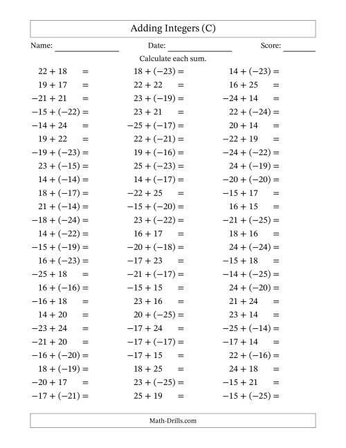 The Adding Integers from (-25) to 25 (Negative Numbers in Parentheses) (C) Math Worksheet
