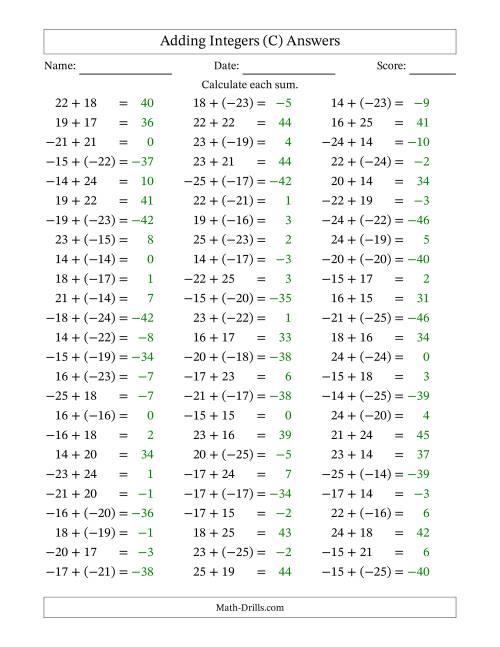 The Adding Integers from (-25) to 25 (Negative Numbers in Parentheses) (C) Math Worksheet Page 2