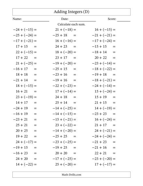The Adding Integers from (-25) to 25 (Negative Numbers in Parentheses) (D) Math Worksheet