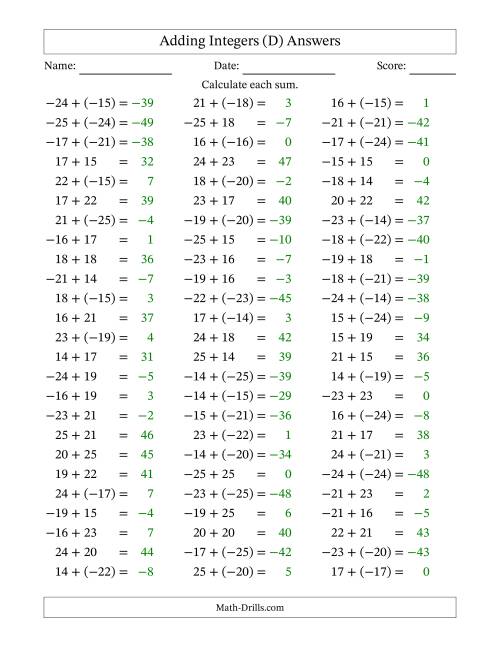 The Adding Integers from (-25) to 25 (Negative Numbers in Parentheses) (D) Math Worksheet Page 2