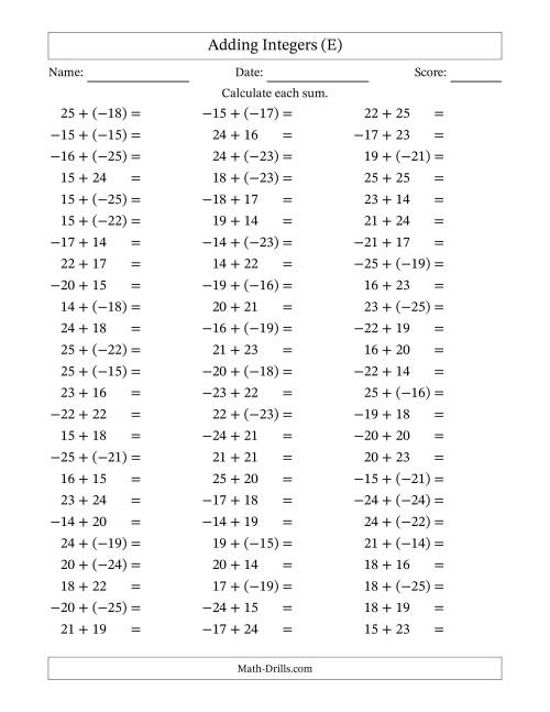 The Adding Integers from (-25) to 25 (Negative Numbers in Parentheses) (E) Math Worksheet