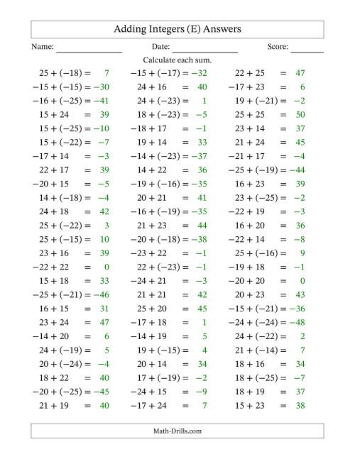 The Adding Integers from (-25) to 25 (Negative Numbers in Parentheses) (E) Math Worksheet Page 2