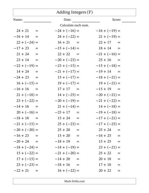 The Adding Mixed Integers from -25 to 25 (75 Questions) (F) Math Worksheet