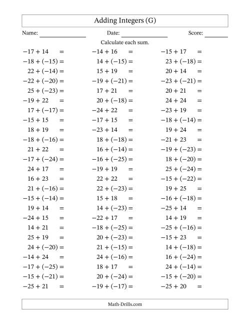 The Adding Integers from (-25) to 25 (Negative Numbers in Parentheses) (G) Math Worksheet