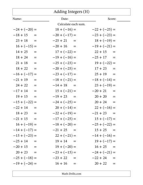 The Adding Integers from (-25) to 25 (Negative Numbers in Parentheses) (H) Math Worksheet