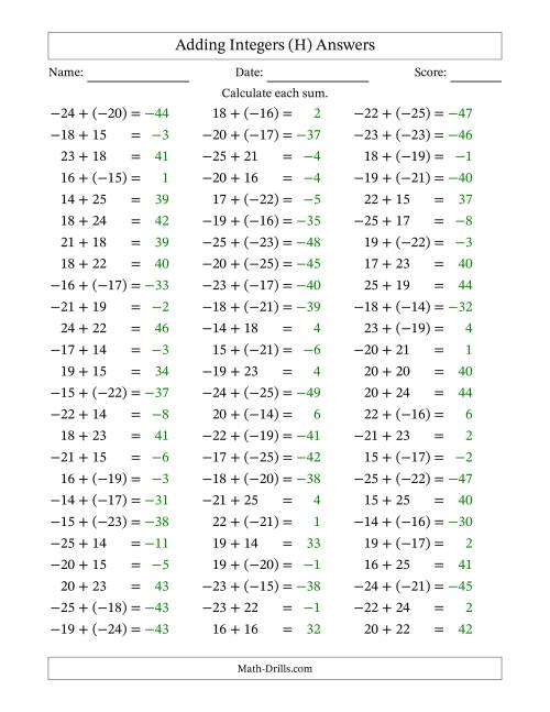 The Adding Integers from (-25) to 25 (Negative Numbers in Parentheses) (H) Math Worksheet Page 2